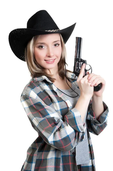 Vacker Sexig Blond Flicka Bär Solglasögon Och Cowboy Hatt Hålla — Stockfoto