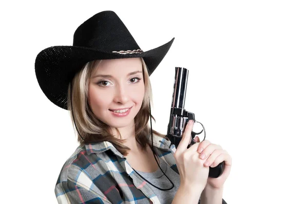 Vacker Sexig Blond Flicka Bär Solglasögon Och Cowboy Hatt Hålla — Stockfoto