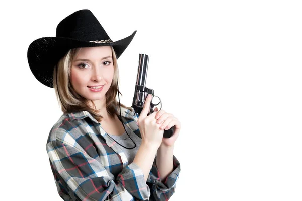 Vacker Sexig Blond Flicka Bär Solglasögon Och Cowboy Hatt Hålla — Stockfoto