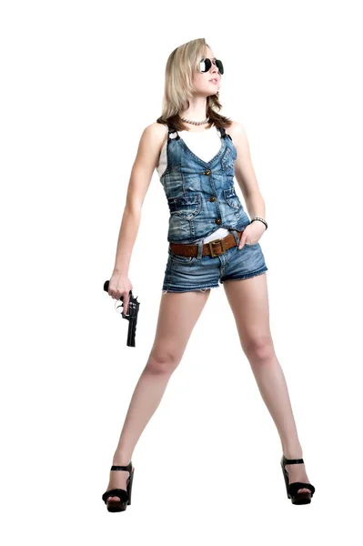 Vacker Sexig Blond Flicka Denim Shorts Och Väst Med Revolver — Stockfoto