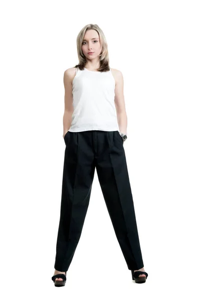 Bella Ragazza Bionda Sexy Pantaloni Neri Shirt — Foto Stock