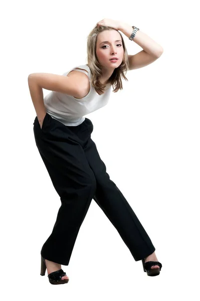 Hermosa Chica Rubia Sexy Pantalones Negros Camiseta —  Fotos de Stock