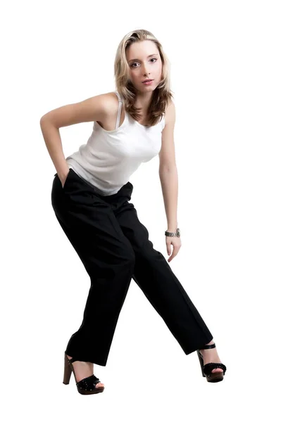 Menina Loira Sexy Bonita Calças Pretas Shirt — Fotografia de Stock