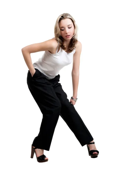 Schöne Sexy Blonde Mädchen Schwarzen Hosen Und Shirt — Stockfoto