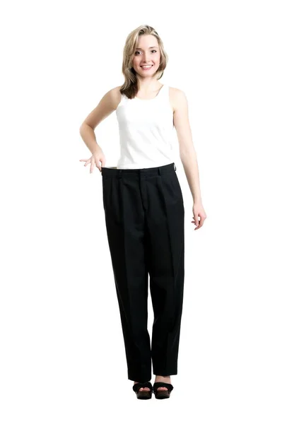Beautiful Sexy Blonde Girl Black Trousers Shirt Showing Her Lost — Stock Photo, Image