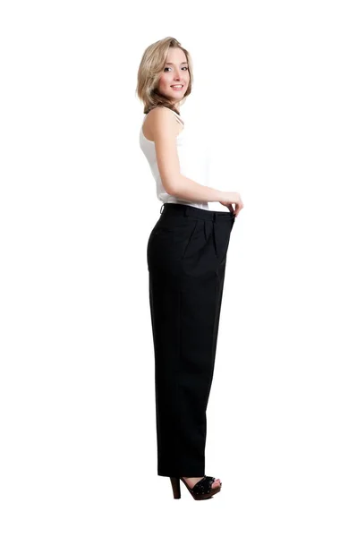 Beautiful Sexy Blonde Girl Black Trousers Shirt Showing Her Lost — Stock Photo, Image