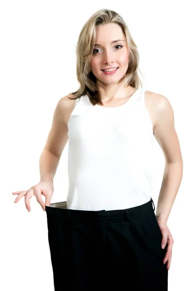 Menina Loira Sexy Bonita Calças Pretas Uma Camisa Mostrando Seu — Fotografia de Stock