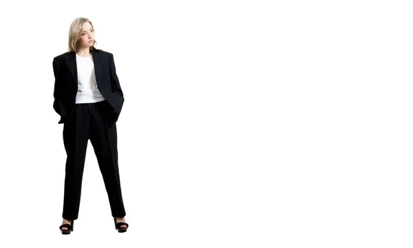 Beautiful Sexy Blonde Girl Black Trousers Jacket Shirt White Background — Stock Photo, Image