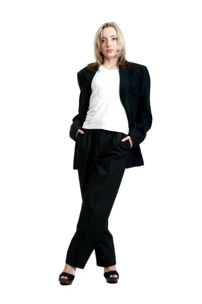 美しいですセクシーブロンド女の子で黒パンツ ジャケットとシャツ上の白い背景分離 — ストック写真