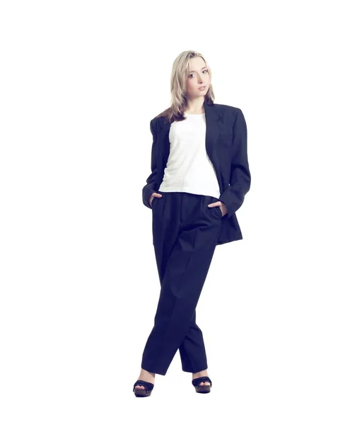 Schöne Sexy Blonde Mädchen Schwarzer Hose Jacke Und Hemd Auf — Stockfoto