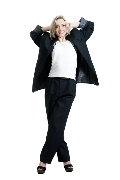 Beautiful Sexy Blonde Girl Black Trousers Jacket Shirt White Background — Stock Photo, Image