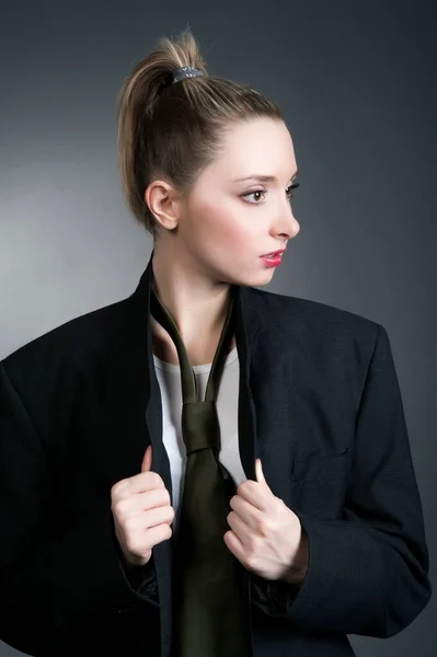 Beautiful Sexy Young Blonde Woman Dark Business Suit White Shirt — Stock Photo, Image