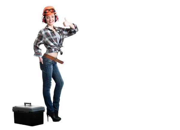 戴着建筑用头盔的女孩 带着工具箱的隔音耳机 — 图库照片