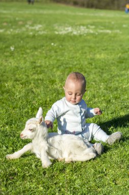 Erkek bebek ve goatling bahar gününde birlikte oynamak