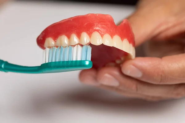 Очистка зубного протеза зубной щеткой — стоковое фото
