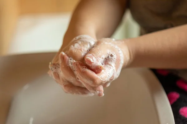 Prévention Grippe Nettoyer Les Mains Avec Savon Contre Infection Par — Photo