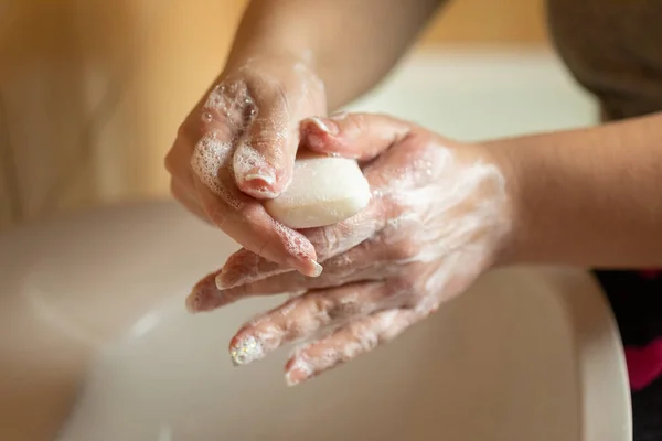 Prévention Grippe Nettoyer Les Mains Avec Savon Contre Infection Par — Photo