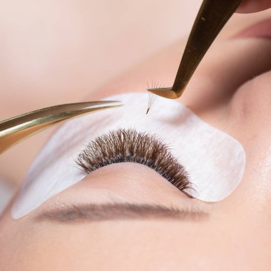 Kirpik uzatma prosedürü. Uzun kirpikli kadın gözü. Kırbaçlar. Cımbızı, makroyu, seçici odağı kapat