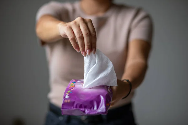 Young Woman Open Package Antibacterial Wet Wipes Cleaning Hands — Stock Photo, Image