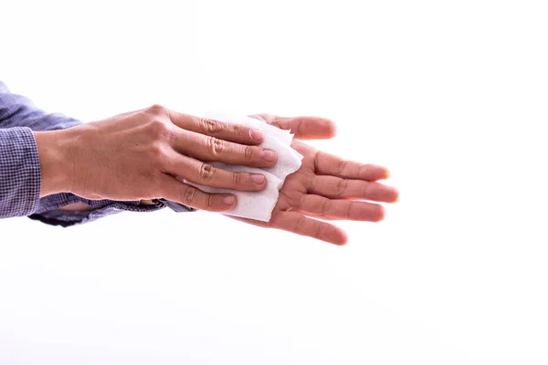 Joven Limpiando Manos Con Toallitas Húmedas — Foto de Stock