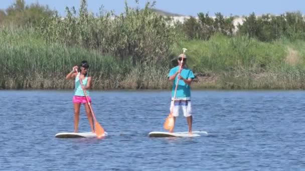 Muž a žena postavit paddleboarding — Stock video