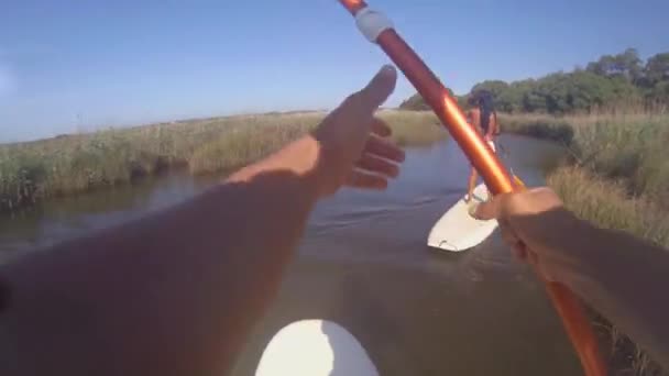 Bryst første persons synsvinkel mand stå op paddleboarding – Stock-video