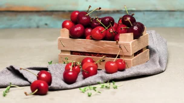 Cerezas rojas maduras en una pequeña caja de madera — Vídeos de Stock