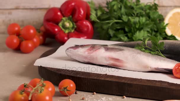 Fresh fish sea bass — Stock Video