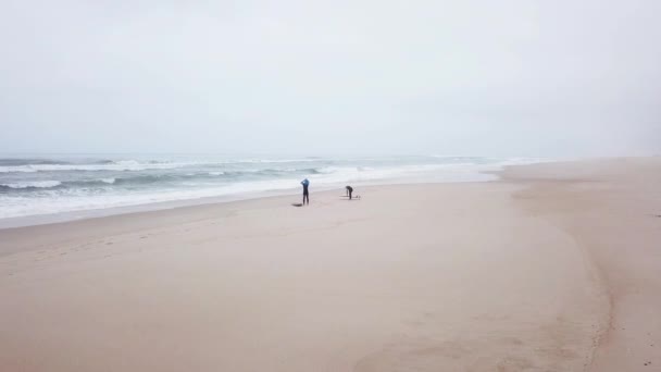 Jovem casal de surfistas amigáveis vestindo roupa de mergulho — Vídeo de Stock