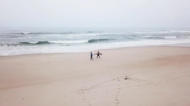 Jovem casal de surfistas amigáveis vestindo roupa de mergulho — Vídeo de Stock