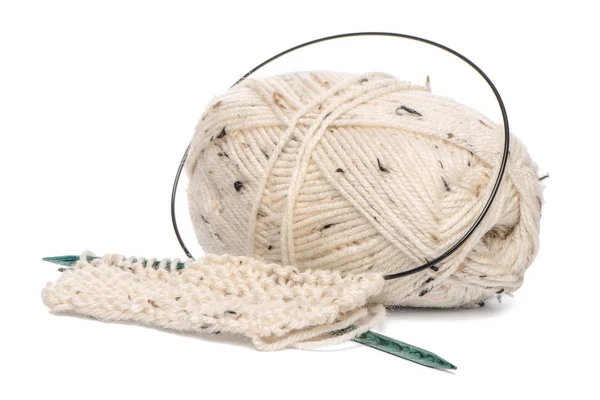 Beige knitting wool with needles — Stock Photo, Image