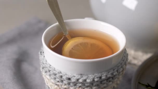 Cup Hot Tea Lemon Dressed Knitted Warm Winter Scarf Wooden — Stock Video