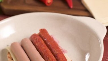 Geleneksel Portekizce Ingredientes hazırlıkları gıda yemek saati. Ekmek, peynir, domuz eti, jambon, sosis ve Francesinha sandviç. Masada.