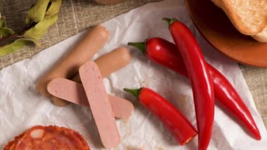 Geleneksel Portekizce Ingredientes hazırlıkları gıda yemek saati. Ekmek, peynir, domuz eti, jambon, sosis ve Francesinha sandviç. Masada.