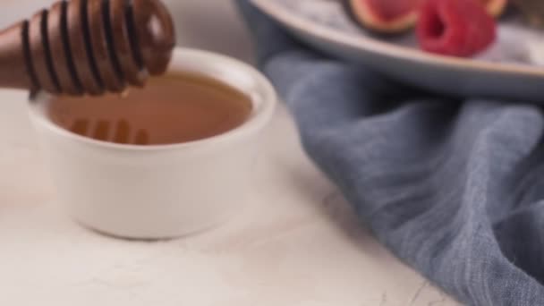 Café Manhã Saudável Verão Panquecas Americanas Clássicas Caseiras Com Frutas — Vídeo de Stock