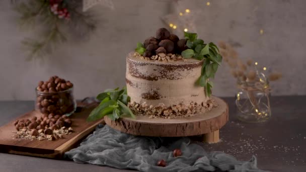 Delicious Naked Coffee Hazelnuts Cake Table Rustic Wood Kitchen Countertop Stock Footage