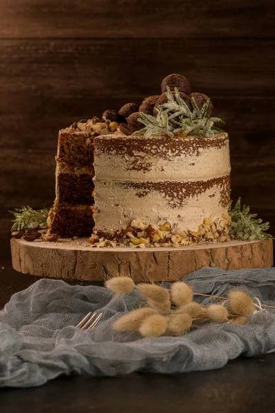 Slice of delicious naked coffee and hazelnuts cake — Stock Photo, Image