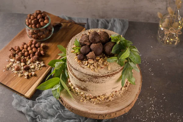 Delicious naked coffee and hazelnuts cake — Stock Photo, Image