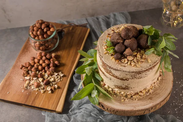 Delicious naked coffee and hazelnuts cake — Stock Photo, Image