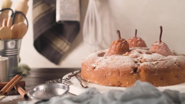 Delicious Cake Pear Ginger Cinnamon Dark Kitchen Counter — ストック動画