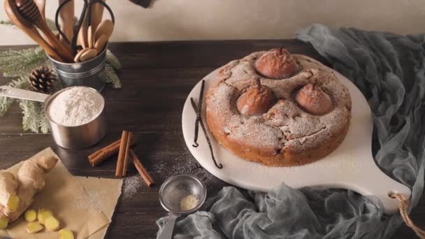 Delicious Cake Pear Ginger Cinnamon Dark Kitchen Counter — Stock Video