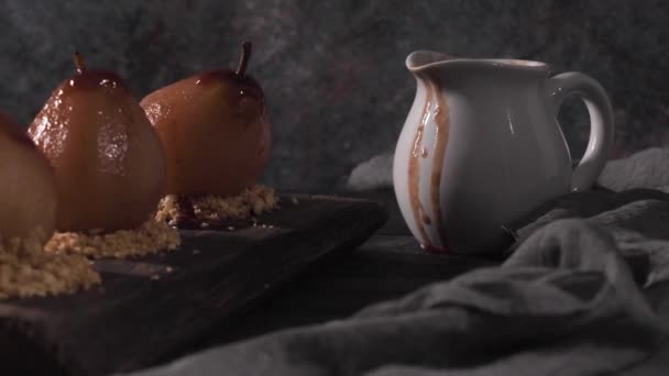 Poached Pears Delicious Home Made Recipe Dark Rustic Wood Table — 비디오