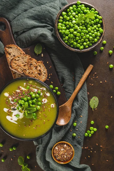 Green Pea Soup Linseed Pumpkin Sunflower Seeds Rustic Kitchen Countertop — Stock Photo, Image