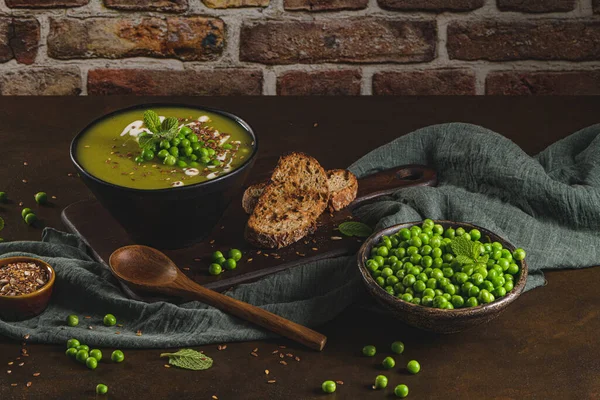 Green Pea Soup Linseed Pumpkin Sunflower Seeds Rustic Kitchen Countertop — Stock Photo, Image