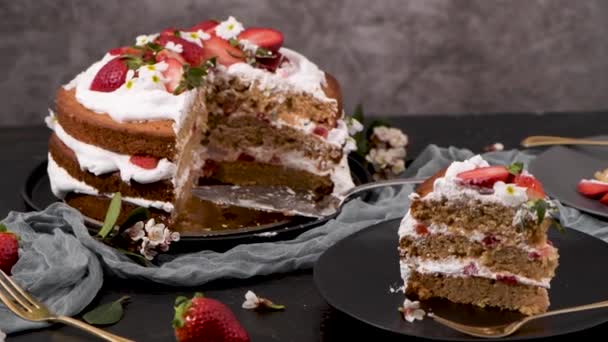 Erdbeerkuchen Erdbeer Biskuit Mit Frischen Erdbeeren Und Saurer Sahne Auf — Stockvideo