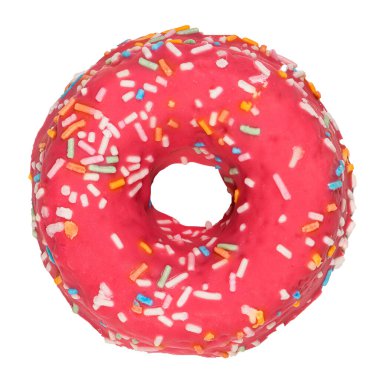 Beyaz arka planda izole edilmiş lezzetli pembe donut..