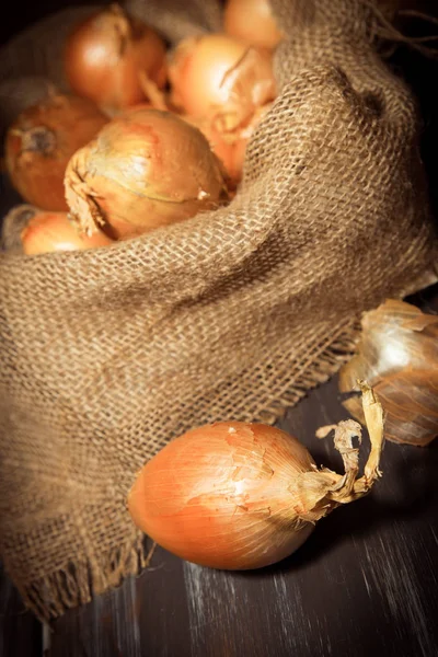 Cebollas Amarillas Saco Arpillera — Foto de Stock