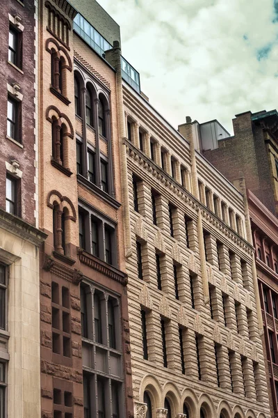 Row Vintage New York City Apartment Buildings Variety Brick Brownstone — Stock Photo, Image