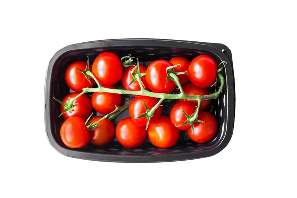 Reife Kirschtomaten Plastikbehälter Vor Weißem Hintergrund — Stockfoto