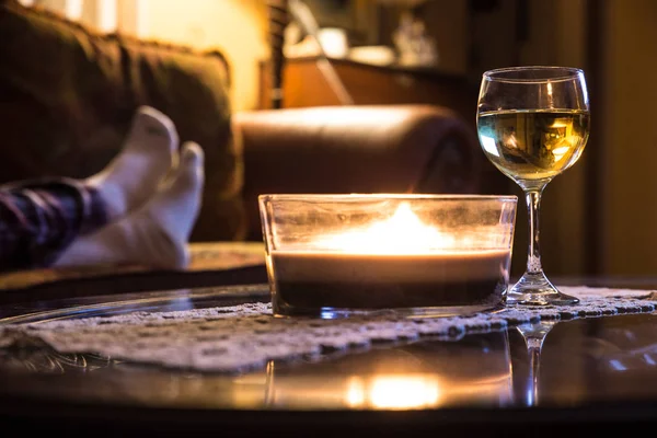 Wine Glass Candle Relaxing Scene Persons Feet Couch Background — Stock Photo, Image